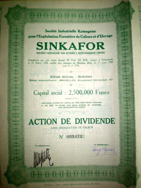 Sinkafor,  Belgian Congo share certificate 1928