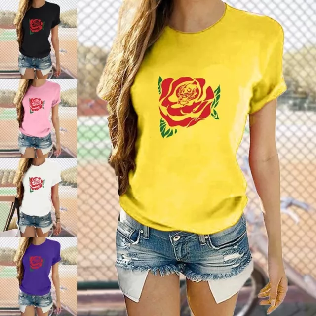 Women T Shirt Crew Neck Summer Tops Ladies Short Sleeve Beach Casual Rose Tee