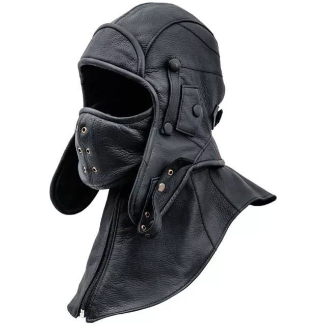 Real Leather Aviator Cap Convertible HOOD with Collar and Face Mask 100% Leather