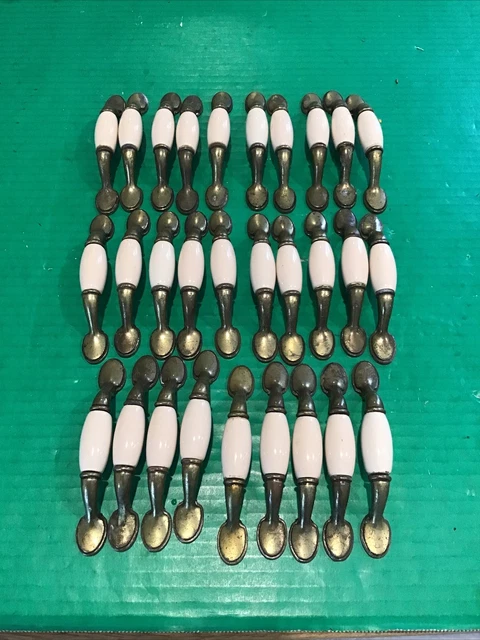 Lot of 29 Vintage Cabinet Drawer Pulls Off White Cream Color Porcelain