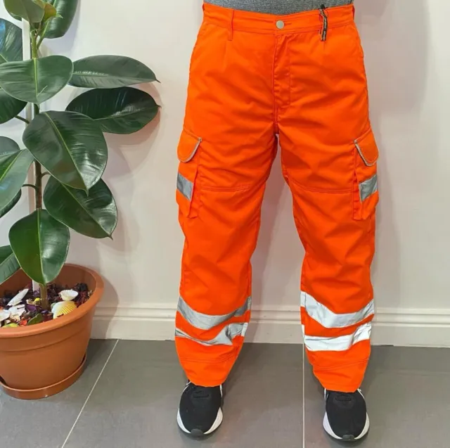 Mens Hi-Viz Visibility Bottoms Safety Pants Work Cargo Stripe Trousers Joggers