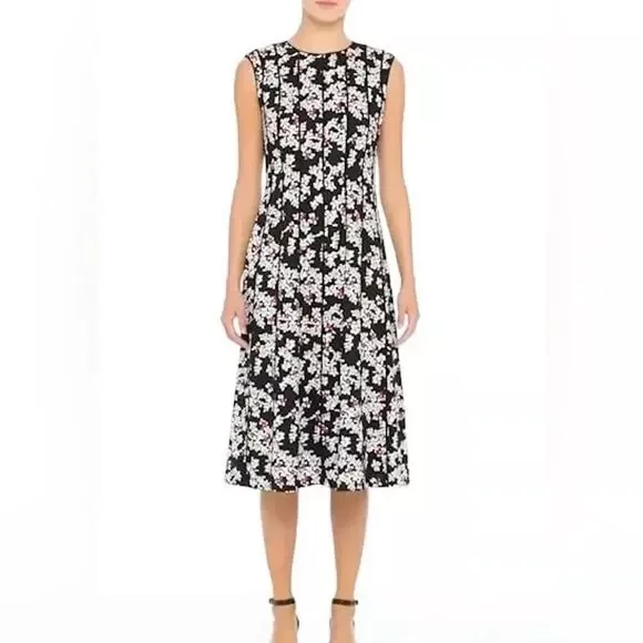 NEW Lafayette 148 $698 Black White Red Ditsy Floral Crepe Midi Marley Dress 8