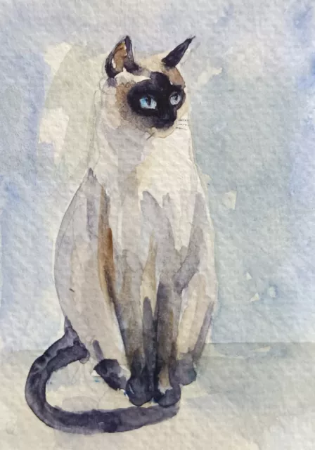 original watercolor painting ACEO siamese cat farm animal pet rural art # SIBY
