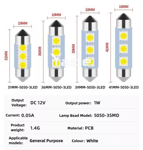 10x 31/36/39/41mm 3SMD LED Auto KFZ Innenraumbeleuchtung Kennzeichenbeleuchtung.