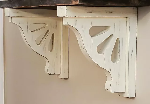 Pair of Victorian Style Shell Distressed Wood Corbels Shelf Brackets - Lt Cream