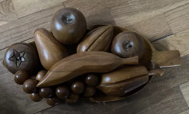Vintage Mid Century Modern Wooden Hand Carved 8 Piece Fruit and Leaf Shaped Dish