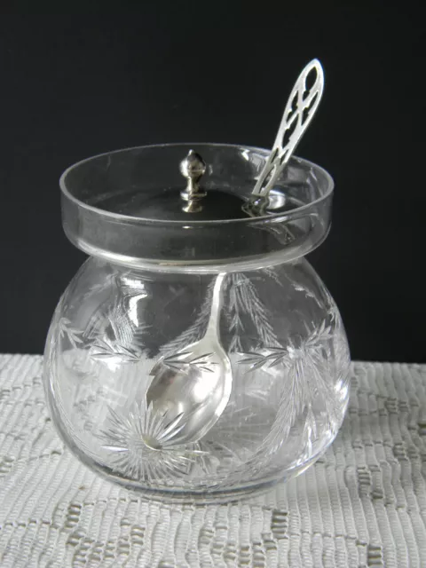 American Brilliant Cut Jam Jar/ Sterling Silver Lid/ Webster Sterling Jam Spoon