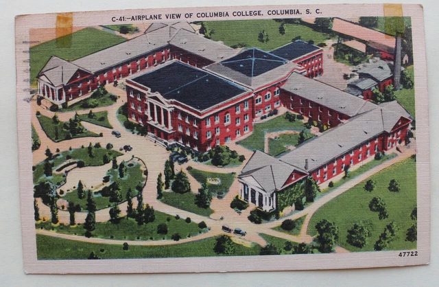 Airplane view of Columbia College, SC  vintage posted Charlotte cancel 1943
