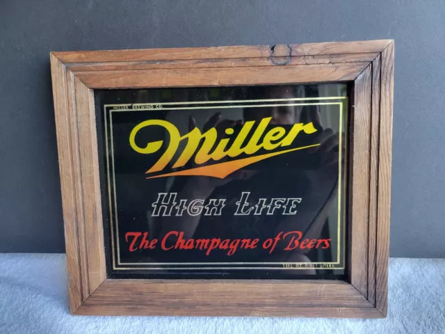 Miller High Life Champagne of Beers Glass Black Background Bar Sign Wood Frame