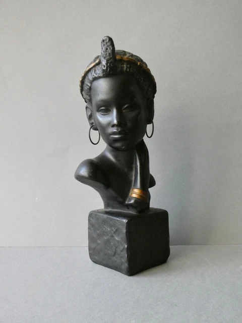 Buste Portrait Femme Africaine - Craie Noire Vintage Années 50 - Kitsch