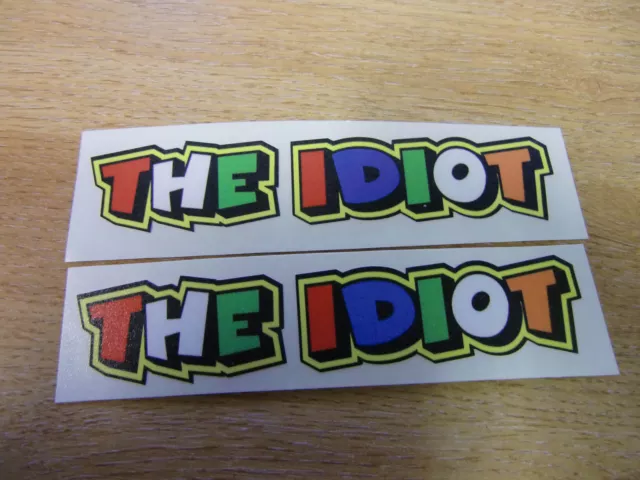 Valentino Rossi style text - "THE IDIOT"  x2 stickers / decals  - 5in x 1in