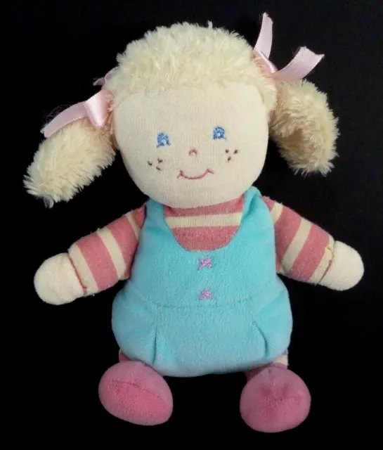 Z. DOUDOU HOCHET AJENA POUPEE FILLE BLONDE BLEU ROSE RAYE 20cm grelot - TBE
