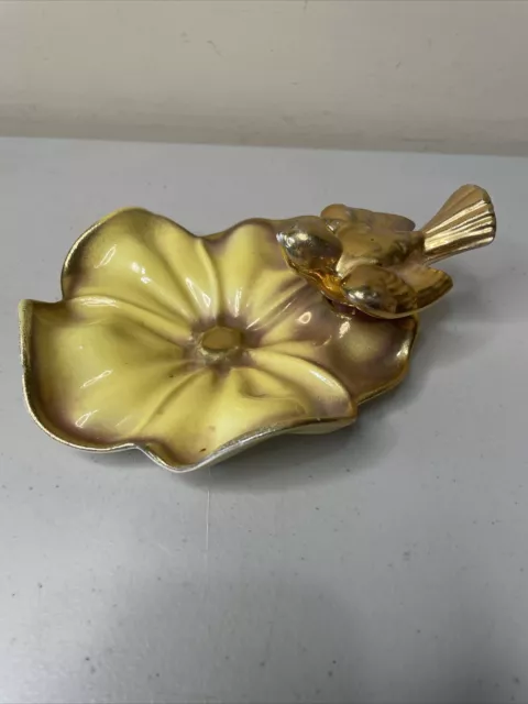 Vintage Gold Bird Flower Trinket Dish Stewart B McCulloch California Porcelain