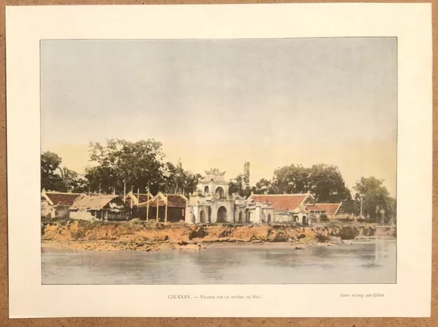 INDOCHINE Pagode sur la rivière de Hué - Photochromie fin 19ème  gravure Vietnam
