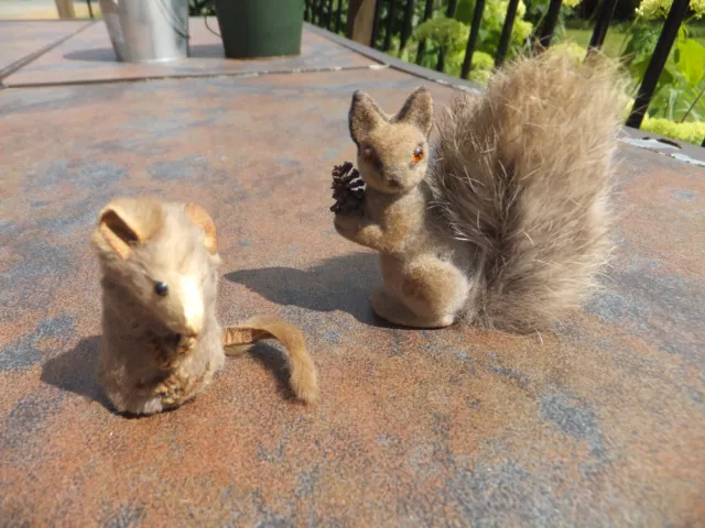 2 Vintage Fuzzy Furred Flocked Mice Mouse, Original Fur Toys W. Germany & Other