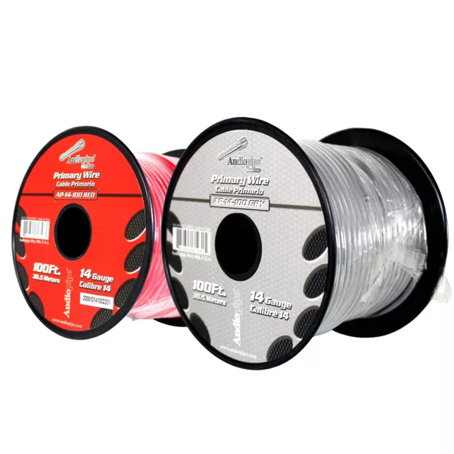 Carrete de cable remoto de alimentación a tierra primaria Audiopipe (2) 14ga 100 ft CCA rojo y gris