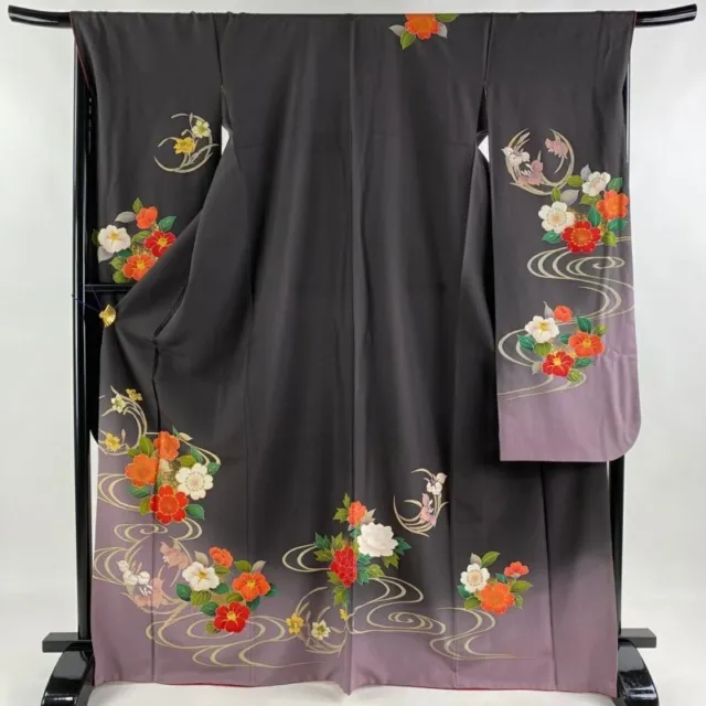 Japanese Kimono Furisode Pure Silk Cherry Blossom Running Water Grayish Purple