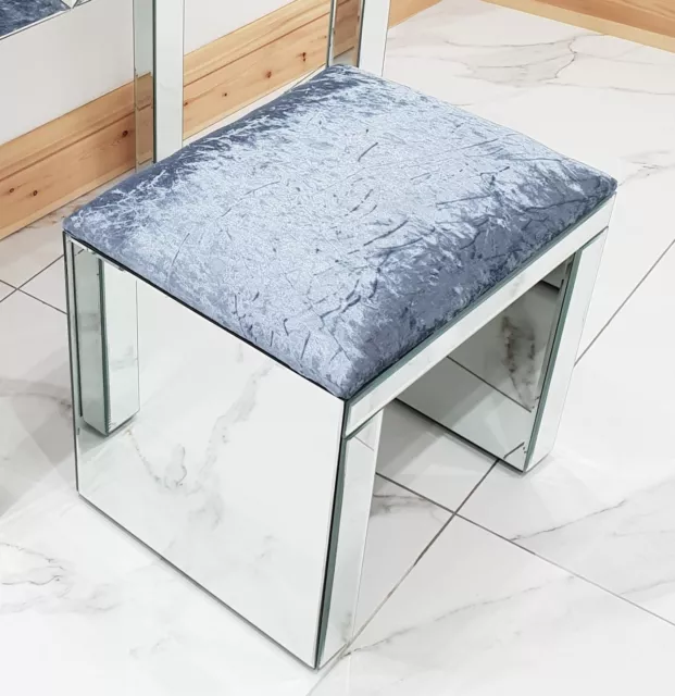 Dressing Table Stool Silver Mirrored GREY CRUSHED VELVET Vanity Stool Mirrored