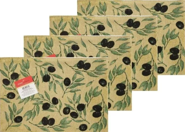 Set of 4 Same Tapestry Kitchen Placemats  13" x 19" OLIVES, HC