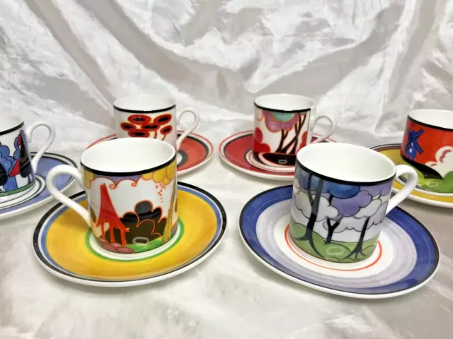 6 x Wedgwood Limited Edition CLARICE CLIFF "CAFE CHIC" Coffee Cups & Saucers 3