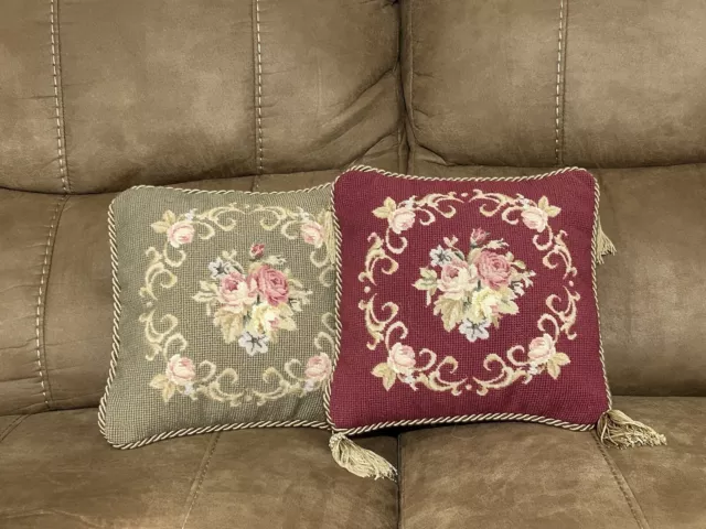 Pair Of Vintage Petit Needlepoint Tapestry Accent Pillows 10" Cottage Core Throw