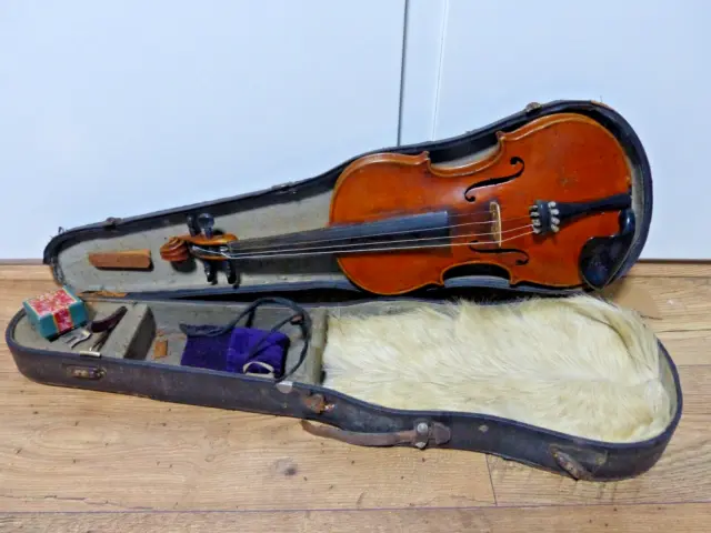 Early Violin Marked Conservatorium On The Back In Old Double Case Extremely Rare