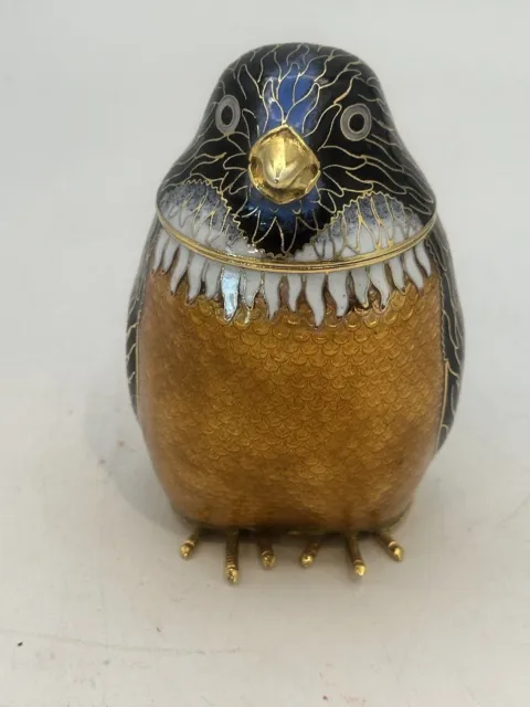 Cloisonné Penguin Trinket Box Brass And Enamel Figure NOS