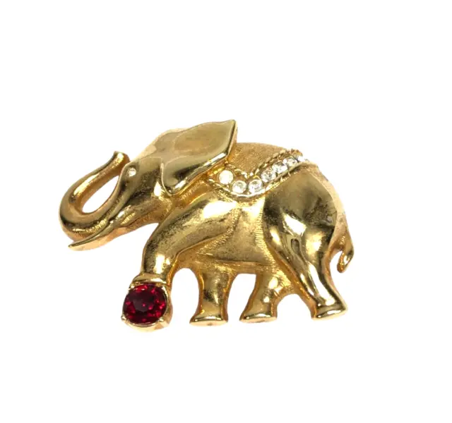 Swarovski Lucky Circus Elephant Brooch Pin Vintage Gold Swan Signed 1.5 inch