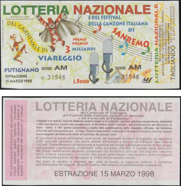 Italia Biglietto Lotteria Di Sanremo 1998 + Tagliando "Perfetto"