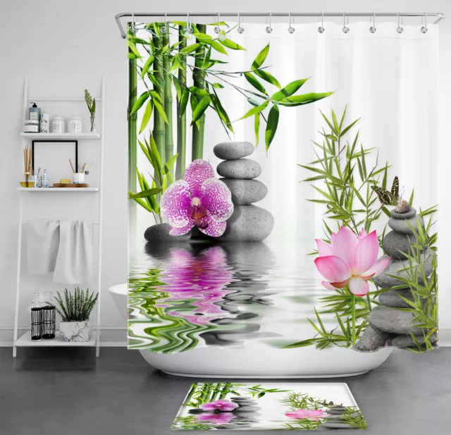 Bamboo Pink Water Lily Zen Stones Spa Shower Curtain Set for Bathroom Decor