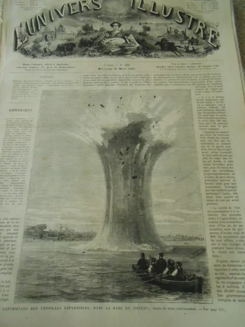 Gravure 1866 - Expérience des torpilles explosives dans la rade de Toulon