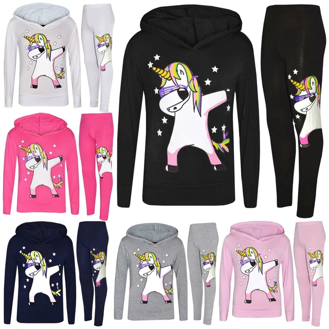 Kids Girls Rainbow Unicorn Dab Floss Hooded Top Legging Set Tracksuit 7-13 Years