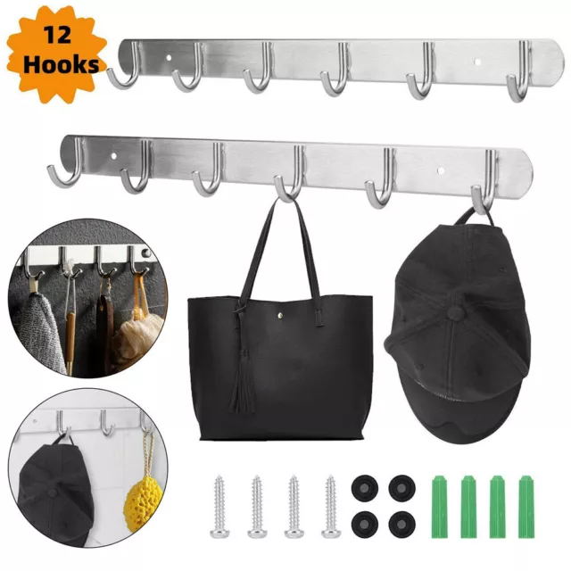 2Pcs 6 Hooks Wall Mount Key Bag Hat Towel Rack Hanger Holder Robe Coat Clothes