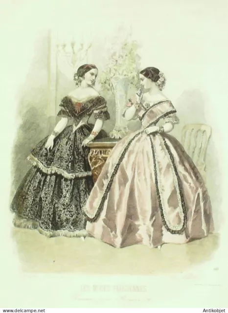 Engraving Parisian Modes 1855 No. 618 Dice dress and trimmed fabric