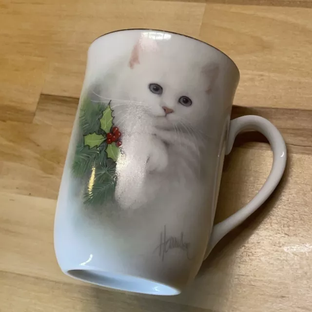 Otagiri Porcelain White Cat Coffee Mug or Tea Cup Holiday Holly Bob Harrison