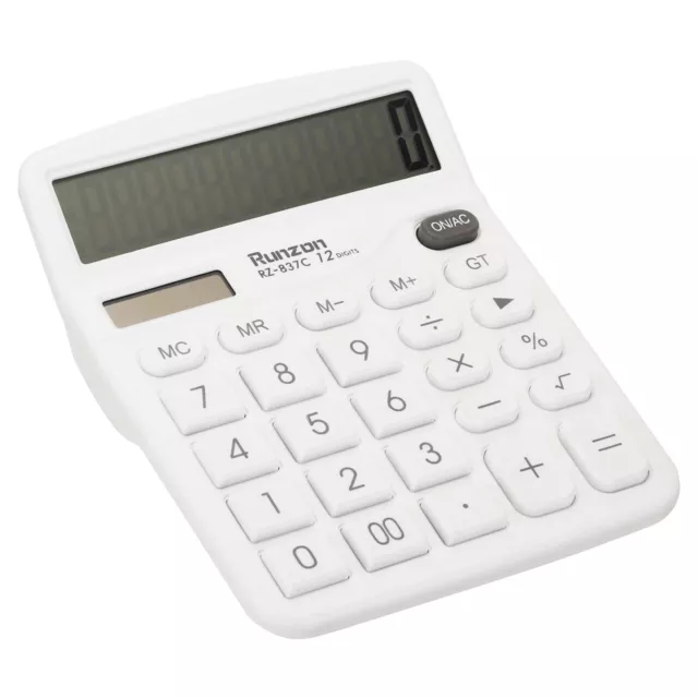 Desk Calculator, 12 Digits Electronic Calculator Solar Battery, White