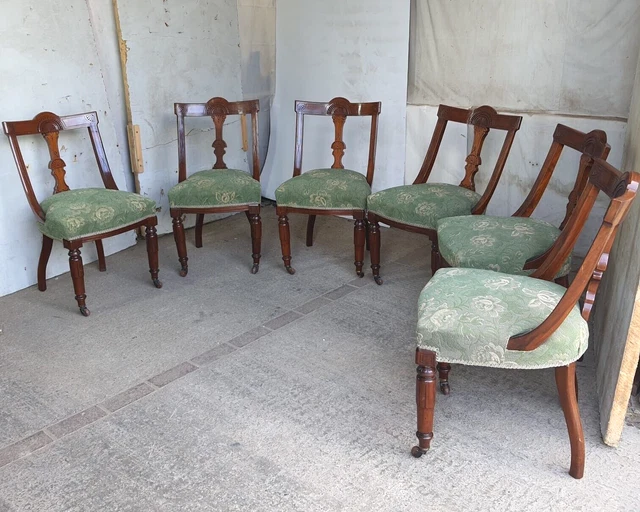 Six Antique Victorian Dining Chairs Sprung Padded Green Fabric Carved Castors