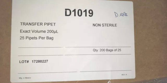 MBP D1019 Exact Volume 200 uL Transfer Pipet , 200x25 pc/Cs