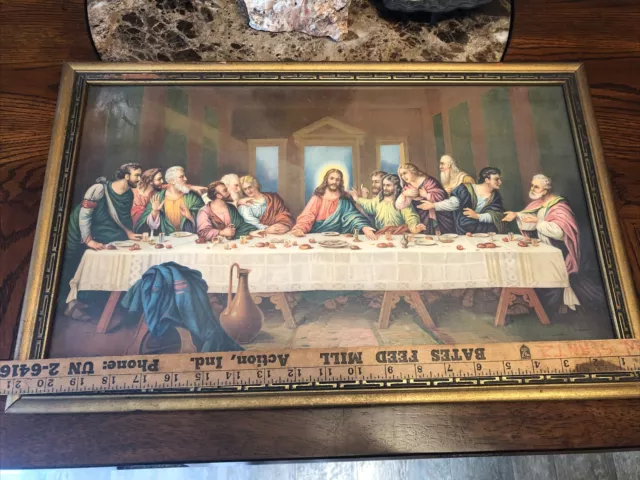 Vintage Da Vinci Last Supper Color Print Lithograph Framed  Wood Jesus 21"x 13"