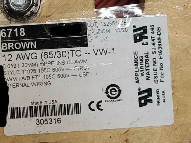 Alpha Wire 6718 #12awg EcoWire mPPE Tinned Copper Hook Up Wire 600V Brown /25ft