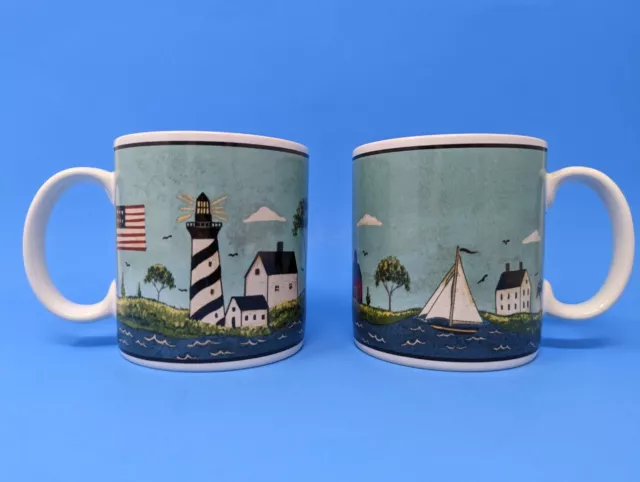 2-Warren Kimble Lighthouse Coastal Breeze Coffee Tea Mugs 1998 Sakura NY Beachy