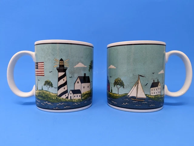 2-Warren Kimble Lighthouse Coastal Breeze Coffee Tea Mugs 1998 Sakura NY Beachy