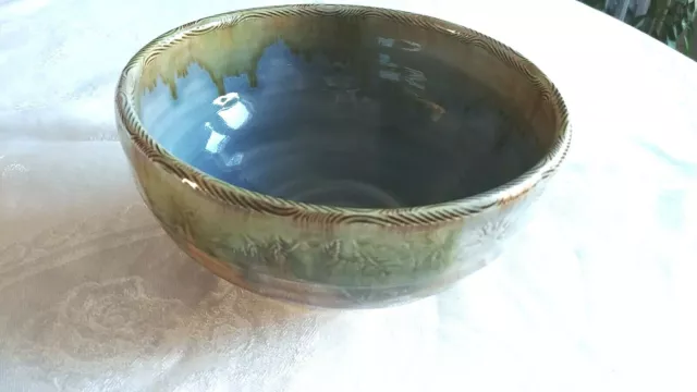drip glaze art pottery bowl unusual  impressed woods scene on rim green/blue