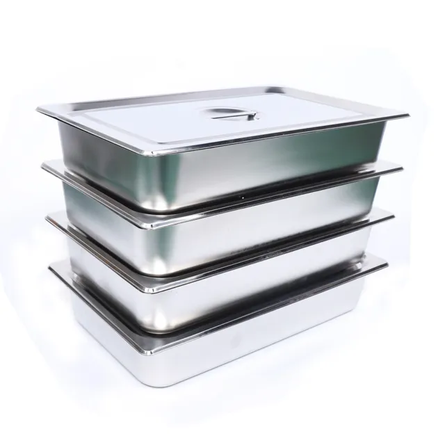 4 inch Deep Full Size Steam Table Pans w/ Lids 4 Pack Set Fits Hotel Food Buffet