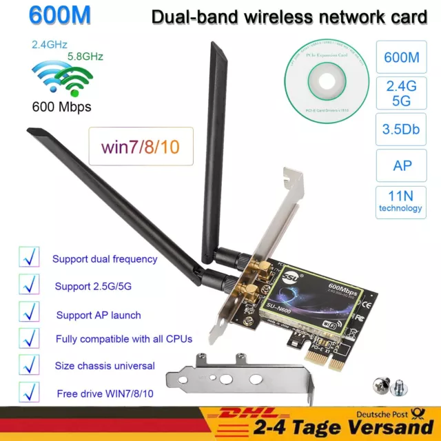 600Mbps PCIe Adapter WIFI,WLAN Karte PCI-E,Express 2,4/5G Dualband NetzwerkKarte