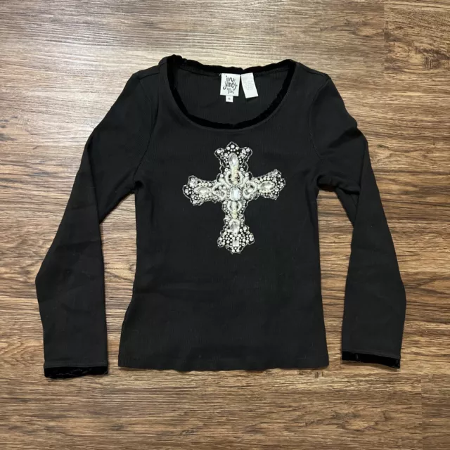 IVY JANE Embellished Jewels Pearls Embroidered White Cross Black Top Shirt M