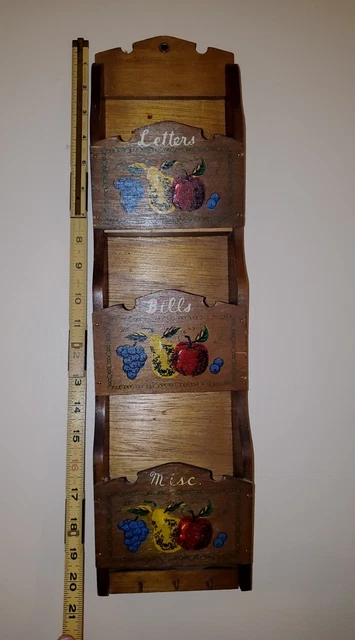 Vintage MCM 3 Tier Wooden  Wall Organizer Letter Mail Bill Holder w Key Hooks