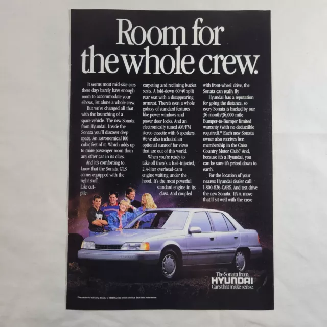 1988 Hyundai Sonata Print Ad Room for the Whole Crew VTG Paper Car Advertisement