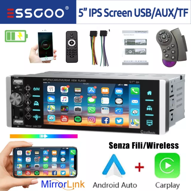 Autoradio 1 DIN Con 5" Schermo Wireless Apple Carplay Android Auto USB Bluetooth