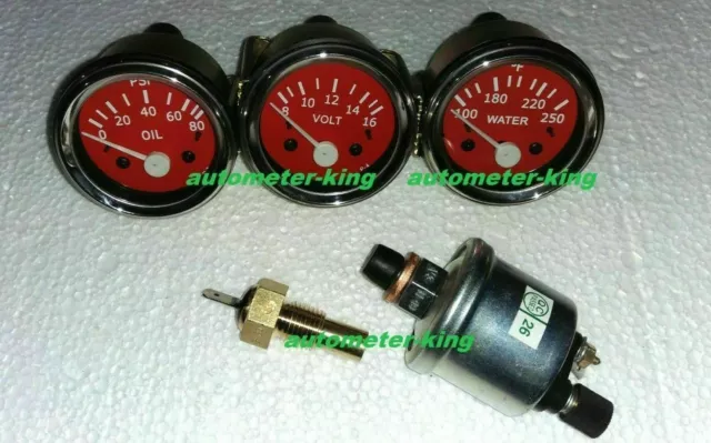 With Oil+temp Sender 52mm Electrical Oil Pressure + Temp + Volt -Red